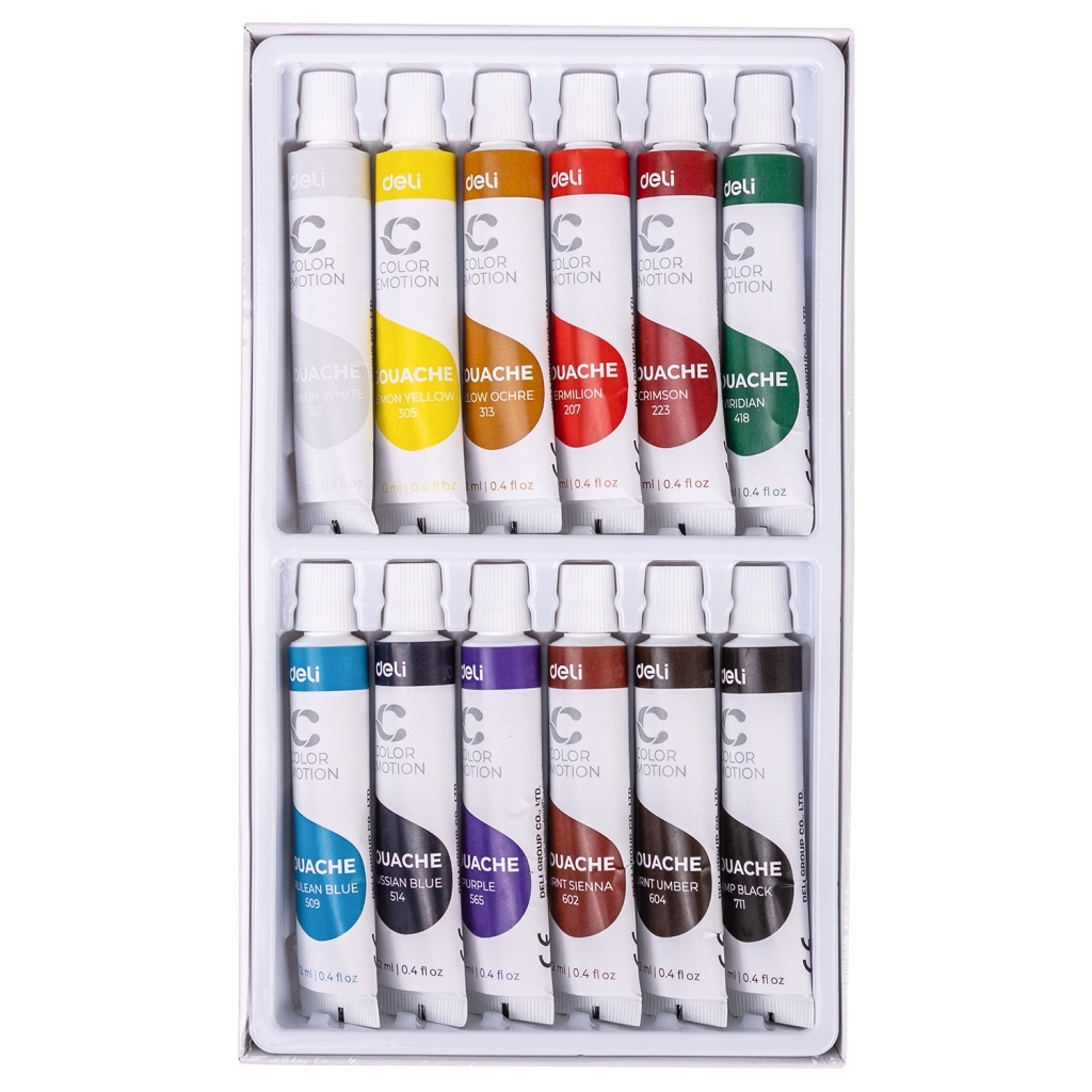 Baltame dėkle dviem eilėmis sudėtos 12 Deli Color Emotion guašo tūbelių nuo baltos ir geltonos iki mėlynos bei juodos