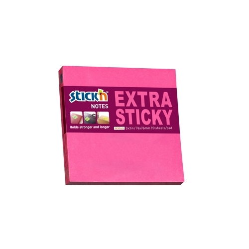 Ryškiai rožinis Stick'n Notes Extra Sticky blokelis su 76 × 76 mm ir 90 sheets per pad žymomis