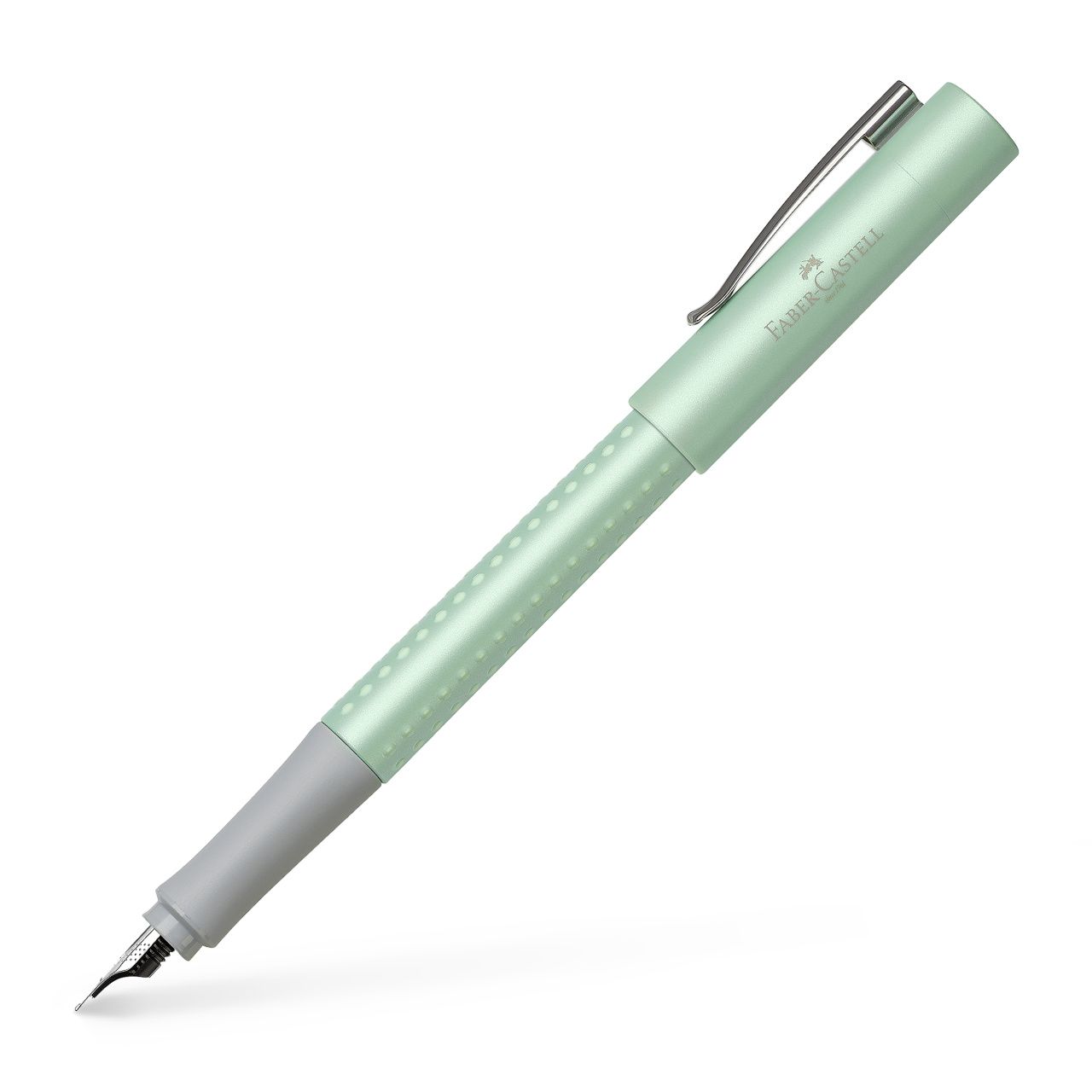 Perlamutrinis žalias Faber-Castell Grip plunksnakotis su sidabro plunksna, pilku laikikliu ir taškuotu korpusu