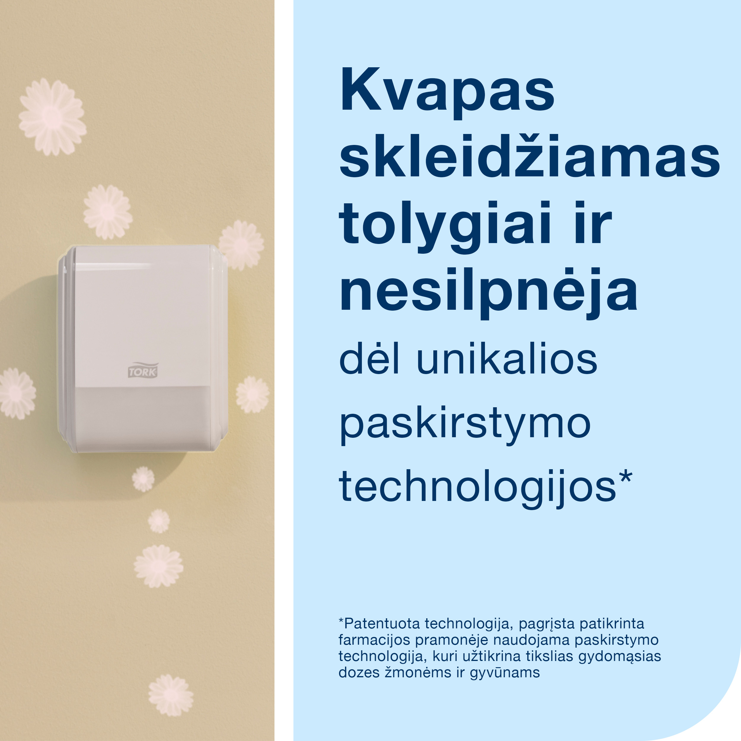 Balto Tork dozatoriaus vaizdas tarp gėlių simbolių ir lietuviškas tekstas žydrame fone apie tolygų kvapo skleidimą