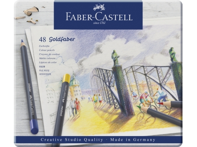 Kvadratinė Faber-Castell Goldfaber 48 spalvotų pieštukų dėžutė su miesto eskizo iliustracija ir Creative Studio užrašu