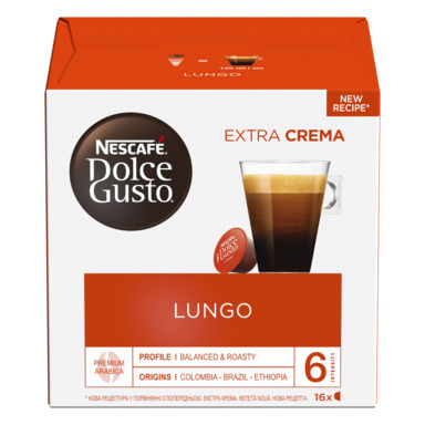 Raudona ir balta Nescafé Dolce Gusto Lungo kapsulių dėžutė su aukštu juodos kavos puodeliu
