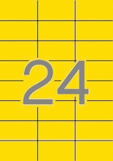 Ryškiai geltonas A4 etikečių lapas, padalytas į 24 langelius, centre pilkas skaičius 24