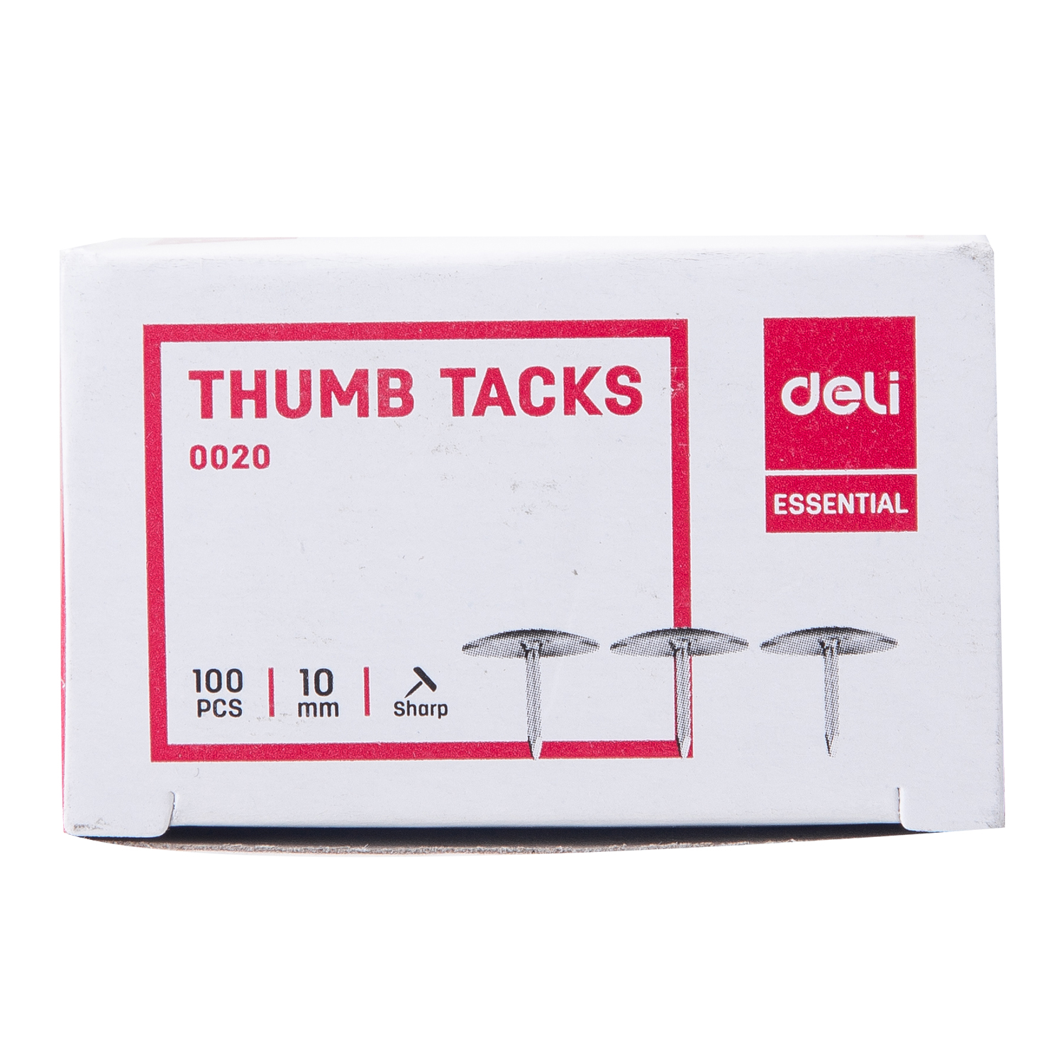 Deli Essential Thumb Tacks 0020 dėžutė su raudonu rėmeliu, 100 PCS, 10 mm, Sharp ir trimis smeigtukų piešiniais